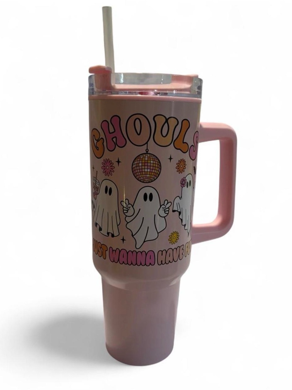 Pink Ghost Graphic Insulated Travel Mug with Handle